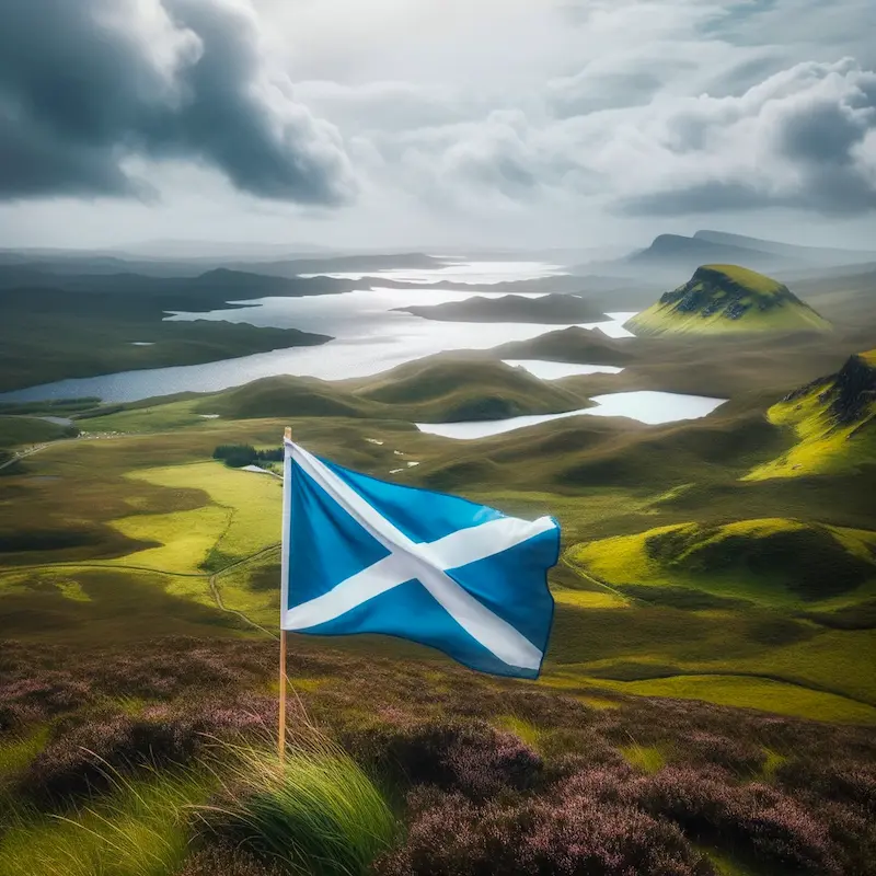 Photo of a vast Scottish landscape, characterized by rolling green hills, heather-covered moors, and a distant loch shimmering under a cloudy sky. In the midst of this picturesque scene, a Scottish flag, with its blue background and white Saint Andrew's cross, is proudly staked into the ground