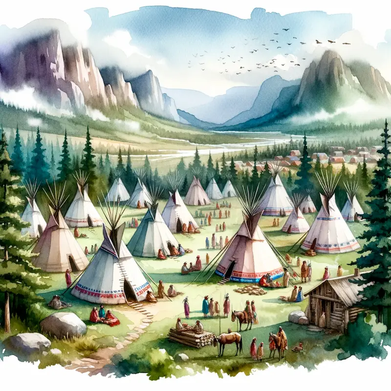 Watercolor painting of an Indian tribe camp set in a mountainous region. Teepees dot the landscape, with tribe members going about their tasks. A sense of community and tradition permeates the scene, with vibrant colors capturing the essence of tribal life