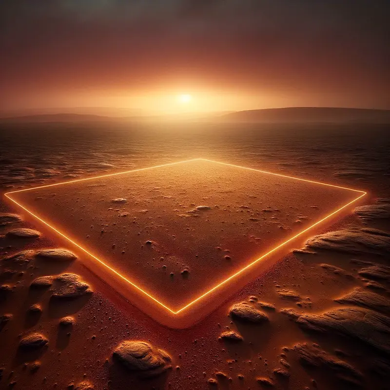 Photo of a Martian plot during a Martian sunset, where the dim light casts a unique hue over the landscape. A bright, glowing line demarcates the property, creating a striking contrast with the reddish-brown soil
