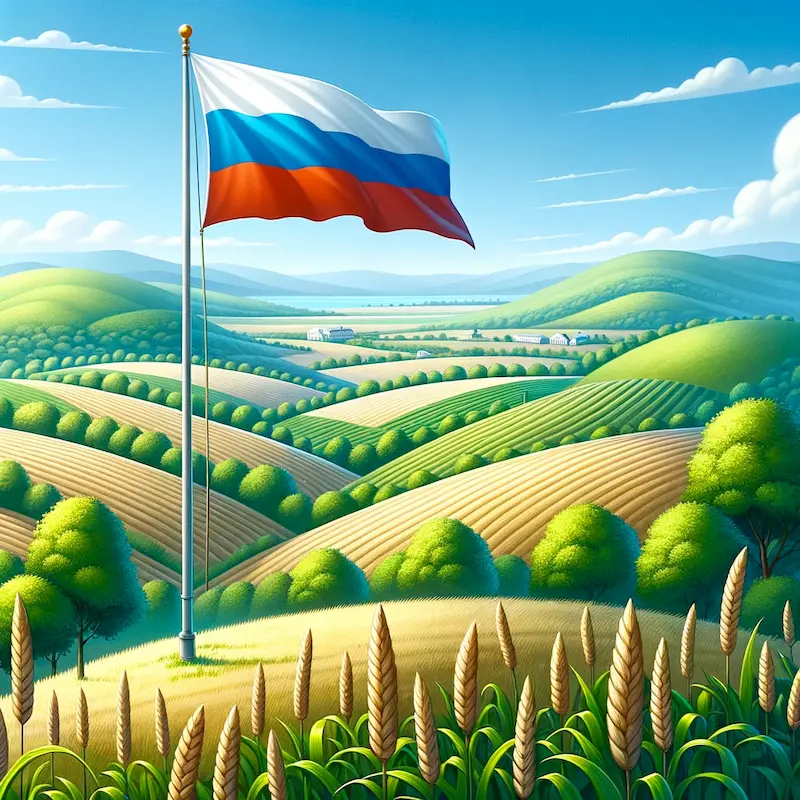 An illustration of a serene plot with rolling hills and a tall Russian flag on a flagpole
