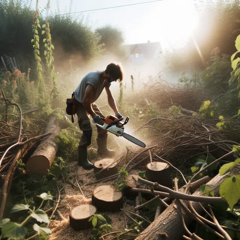 Photo of a sunlit plot of land with tangled brush and weeds. A lone man, equipped with a chainsaw, is in the process of clearing the overgrowth. Wood chips and cut plants are scattered around him, evidencing his efforts.