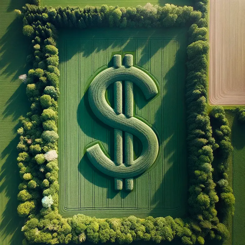 large field with a dollar sign mowed into it