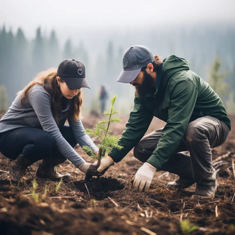 A team of forest rangers planting trees