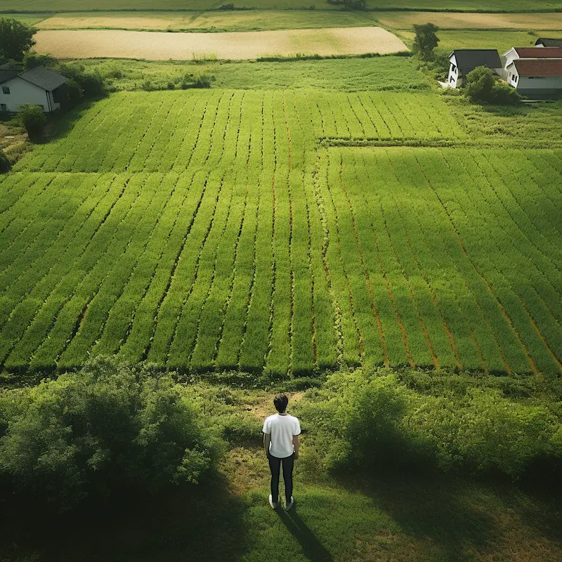 Aerial view of a person looking over a plot of land for sale