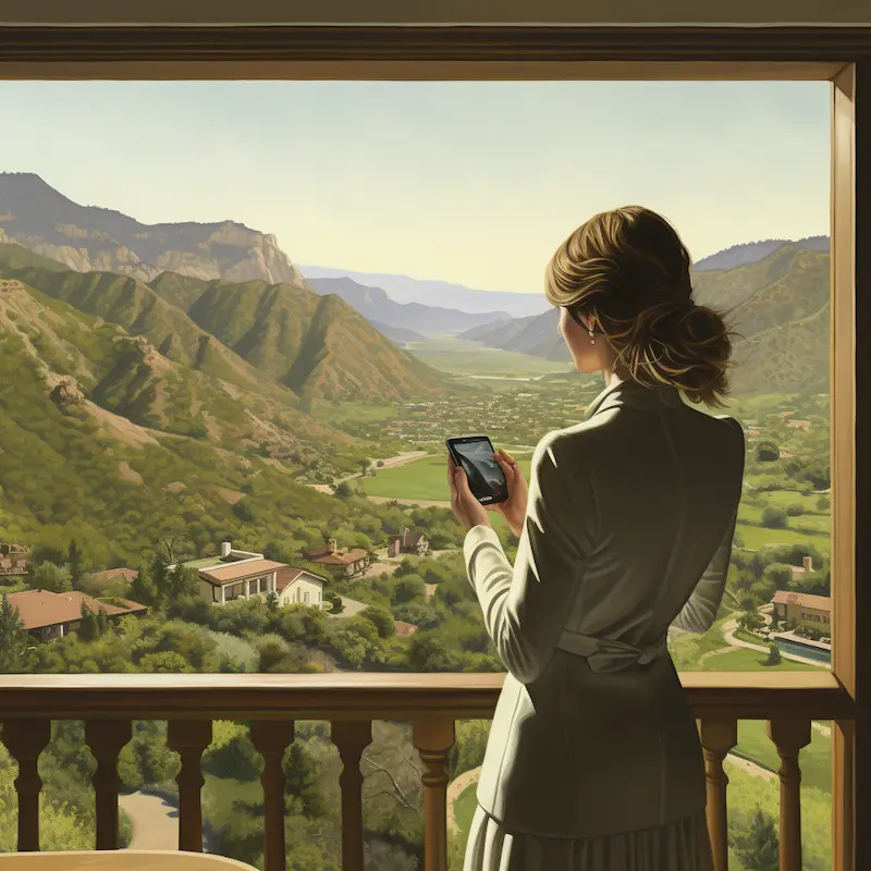A woman looking out over a valley holding a phone that shows a real estate website