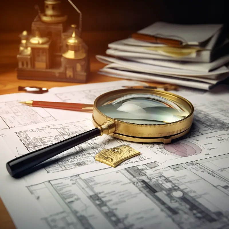 Stack of property-related documents with a magnifying glass focusing on a land survey document.