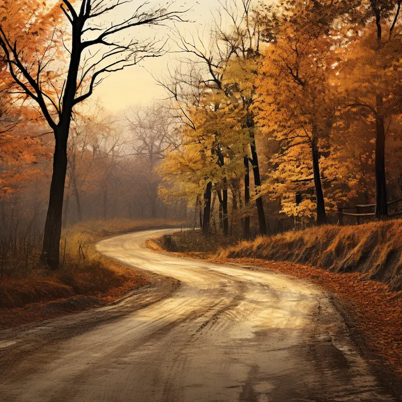 A winding dirt road leading through autumn trees