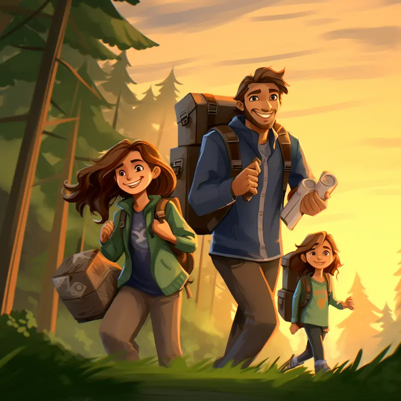 Happy family with camping gear walking through the woods to set up camp on their new land
