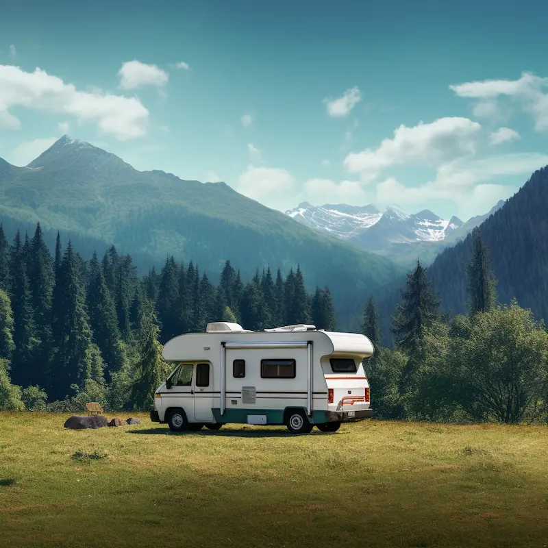 An RV parked on a grassy field overlooking mountains and trees