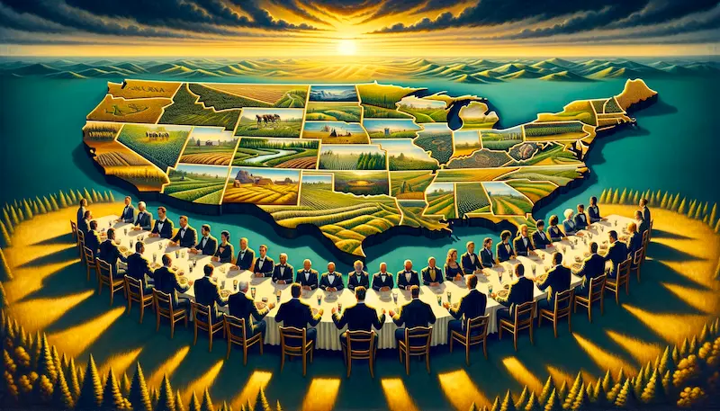 diverse group of figures around a large table with a map, set against a landscape illustrating varied land ownership and a golden sunset in the background.