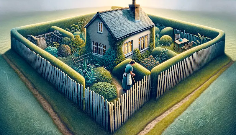 An illustrative image representing the concept of 'adverse ownership of land'. The scene depicts a small, somewhat neglected cottage sitting at the edge of a lush, well-maintained garden. On one side of the cottage, there's a weathered fence partially fallen, symbolizing unclear or disputed boundaries. A Caucasian woman, appearing as a gardener, is tending to the garden, unknowingly encroaching on the land where the cottage stands. This subtly hints at the concept of adverse possession, where someone may gain ownership of land by using it openly and continuously without the legal owner's permission. The background shows a contrast between the cared-for garden and the less maintained cottage, highlighting the tension in land use and ownership.