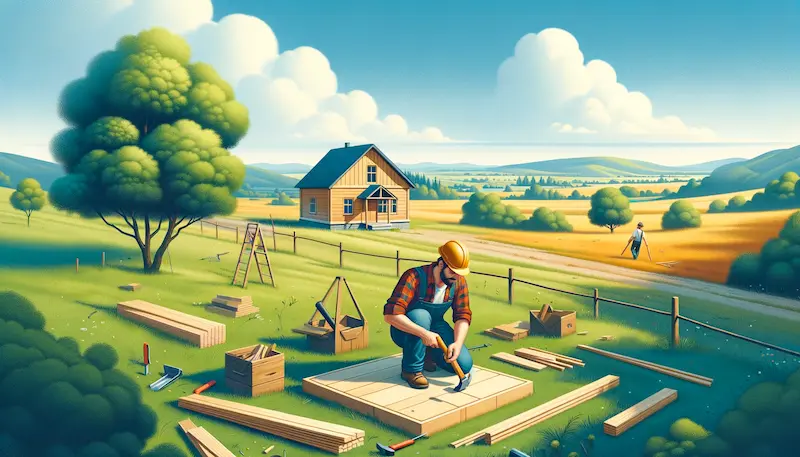 A picturesque rural landscape showing a person constructing a small wooden house on a vast piece of land. The person, a Caucasian male in his 30s, is wearing casual work clothes and a hard hat, actively working with a hammer and wood. The surrounding land is lush with green grass, a few scattered trees, and a clear blue sky overhead. In the background, there's a sense of open space and freedom, with distant rolling hills. This scene symbolizes the concept of 'building on my own land' with a focus on self-reliance, determination, and the beauty of nature.