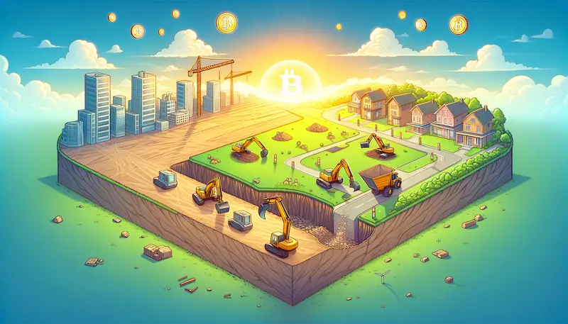 the transition from a vacant plot to a developed area, emphasizing different stages of development under a sunrise backdrop.