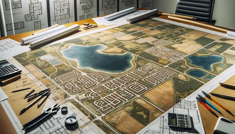 An image showing a detailed map of a large piece of land being subdivided. The map lays on a table in a professional setting, surrounded by various land planning tools like rulers, compasses, and markers. The map features a vast area with different terrains like fields, forests, and a river. It's intricately marked with lines and labels, indicating the proposed subdivisions into smaller plots. The subdivisions are planned with a mix of residential, commercial, and public spaces, showing a thoughtful and balanced land-use design. In the background, there are blueprints and other maps on the walls, suggesting an environment dedicated to urban planning and land development.