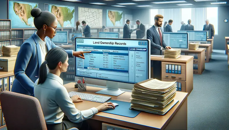 An illustrative image showing the process of 'how to check land ownership'. The scene is set in a well-equipped public records office. In the foreground, a Caucasian female researcher is using a large digital database on a computer, displaying a screen titled 'Land Ownership Records'. She is being assisted by a Hispanic male official, who is pointing to specific information on the screen. In the background, other individuals, including a Black female and a South Asian male, are browsing through physical land records and large maps, indicating a thorough research approach. The office is filled with file cabinets, computers, and land maps, highlighting the resources available for public access to determine land ownership.