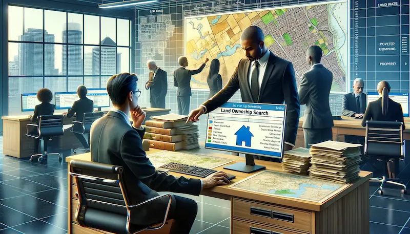 A detailed image representing the process of 'how to find out land ownership'. The scene is set in a modern land records office. In the foreground, a South Asian male researcher is using a computer database, displaying a screen titled 'Land Ownership Search'. He is being assisted by a Caucasian female official, who is pointing out specific details on the screen. In the background, other individuals, including a Black male and a Hispanic female, are examining large land maps and property records, suggesting a comprehensive search process. The environment is filled with file cabinets, computers, and land maps, symbolizing the thorough research required to determine land ownership.