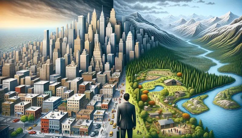 An allegorical image representing the question 'Is Every Piece of Land Owned?'. The scene is split into two contrasting halves. On the left side, there's a bustling cityscape with skyscrapers, crowded streets, and clearly demarcated private properties, symbolizing owned and developed land. This side includes diverse people, including a White male businessman and a Hispanic female pedestrian, representing the busy urban life. On the right side, there's a vast, untouched natural landscape, with mountains, forests, and a river, devoid of any human structures or signs of ownership, symbolizing unowned, natural land. This visual juxtaposition raises the question of land ownership and its implications on nature and society.