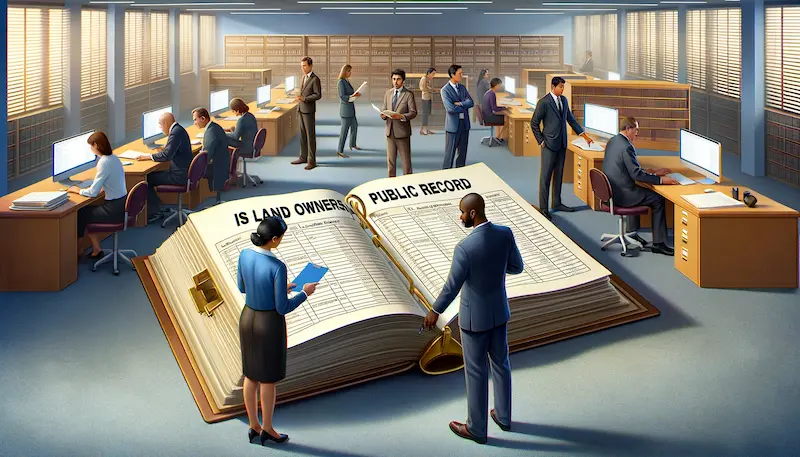 An informative image illustrating the concept 'Is Land Ownership Public Record'. The scene is set in a public records office, with a diverse group of people accessing information. In the foreground, a South Asian male researcher is looking at a large, open ledger labeled 'Land Ownership Records'. Beside him, a Black female official is assisting, pointing to a specific entry in the ledger. The background features rows of file cabinets and computers, where other individuals, including a Caucasian male and a Hispanic female, are researching and examining documents. The environment is busy and professional, emphasizing the accessibility and transparency of land ownership records as public information.