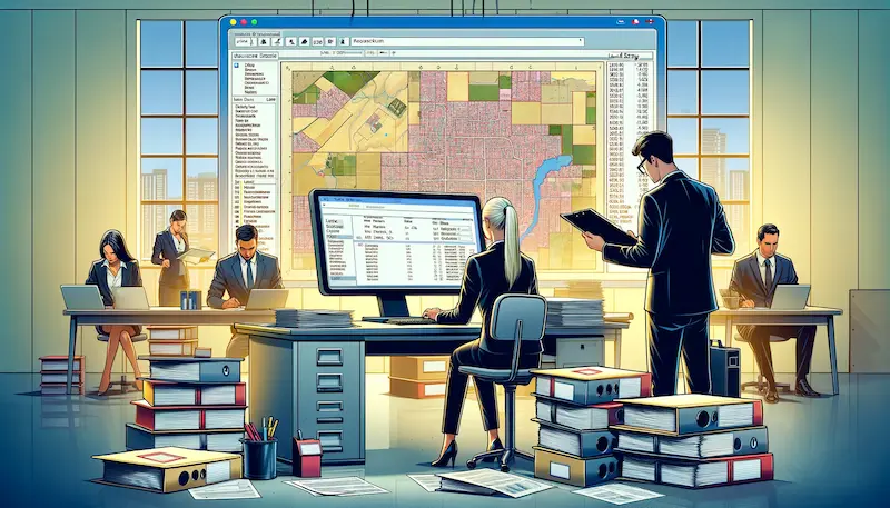 An illustrative image representing 'land and title search'. The scene shows a professional environment with a diverse group of people, including a Hispanic female and an Asian male, engaged in the process of searching land records and title documents. In the foreground, a large computer screen displays a detailed land registry database, with maps and documents visible. Beside the computer, stacks of property files and legal documents illustrate the thoroughness of the search. The background features a wall with a large map showing various land parcels, each marked with different colors to indicate ownership status. This image captures the meticulous and important process of conducting a land and title search in a modern, professional setting.