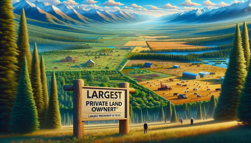 A conceptual image representing the 'largest private land owner in the US'. The scene is a vast and diverse landscape, showing a wide range of land types such as forests, farmlands, and mountains, extending into the horizon. In the foreground, a sign reads 'Private Property: Largest Land Ownership in the US'. The land is teeming with activity: there are farmers working in the fields, forest rangers patrolling the woods, and wildlife roaming freely. The sky is vast and open, symbolizing the immense scale of the property. This image captures the idea of vast private land ownership, showcasing its diversity and the responsibilities that come with managing such a large area.