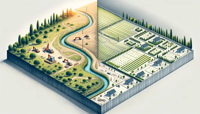 An illustrative image representing the concept of 'what does subdividing land do?'. The scene shows a large piece of land being divided into smaller plots. On the left, the land is intact, a single, large, undeveloped area with natural features like trees and a stream. Moving to the right, the land transitions into neatly divided plots, each marked with boundary lines and small flags. In these subdivided areas, there are indications of development, like construction equipment, small houses being built, and a layout for a planned community. The image visually demonstrates the transformation of a large, undivided piece of land into smaller, individual plots ready for development or sale, illustrating the process and purpose of land subdivision.