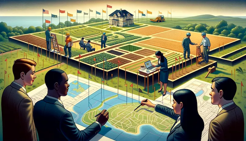 An illustrative and educational image depicting the process of subdividing land. The image is divided into a sequence of panels, each showing a different stage of the process. Panel 1: A person, a Black female architect, examining a large map of a single piece of land. Panel 2: The same person discussing plans with a diverse group of professionals, including a South Asian male surveyor and a Hispanic female urban planner. Panel 3: A scene of the land being measured and marked with flags and stakes. Panel 4: The final panel shows a subdivided land with separate plots, each marked with boundaries, in a well-organized layout. The background of each panel shows a gradually developing landscape, representing progress and planning.
