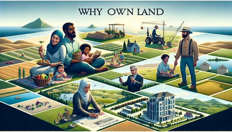 A thought-provoking image representing the concept of 'why own land'. The scene is divided into several vignettes, each showing different aspects and benefits of land ownership. Vignette 1: A family, including a Middle-Eastern male and a Black female with two children, enjoying a picnic on their private property, symbolizing personal enjoyment and family time. Vignette 2: A Caucasian male farmer working on his fields, representing agricultural and business opportunities. Vignette 3: A Hispanic female architect planning a new building on a plot of land, indicating development and investment potential. The final vignette shows a serene natural landscape owned for conservation purposes. These vignettes together showcase various motivations and rewards of land ownership, from personal to economic to environmental.